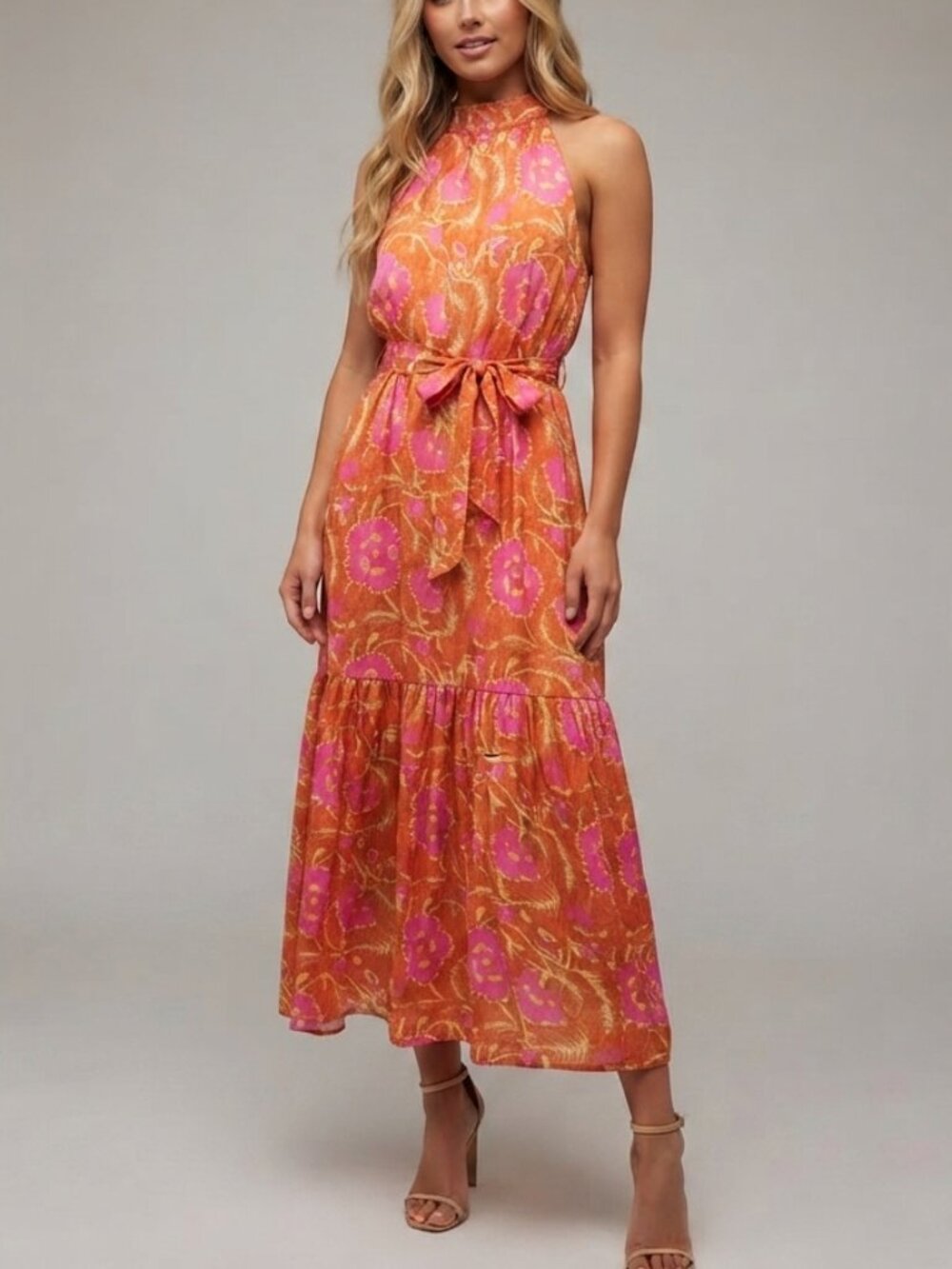 Cleobella Orange and Pink Floral Luella Tiered Maxi Dress Size Small 57049